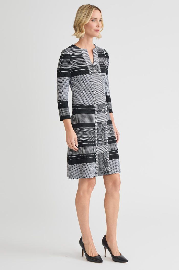 A-Line Multi-Stitch Knit Dress, Black/White | Ming Wang