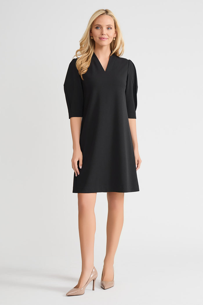 A-Line Stretch Deco Crepe Knee Length Dress, Black, Black | Ming Wang