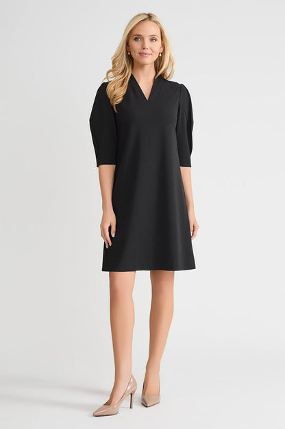 A-Line Stretch Deco Crepe Knee Length Dress, Black, Black | Ming Wang