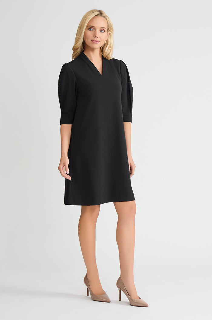 A-Line Stretch Deco Crepe Knee Length Dress, Black, Black | Ming Wang
