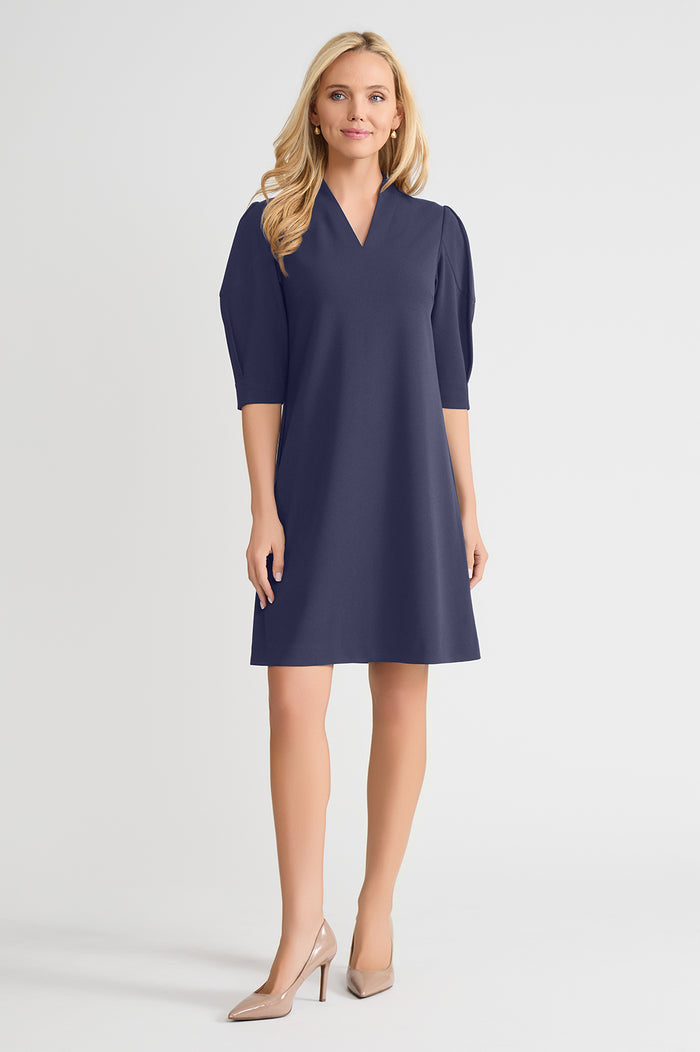 A-Line Stretch Deco Crepe Knee Length Dress, Indigo, Indigo | Ming Wang