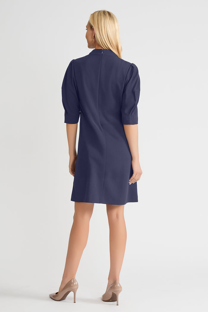 A-Line Stretch Deco Crepe Knee Length Dress, Indigo, Indigo | Ming Wang