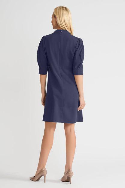 A-Line Stretch Deco Crepe Knee Length Dress, Indigo, Indigo | Ming Wang