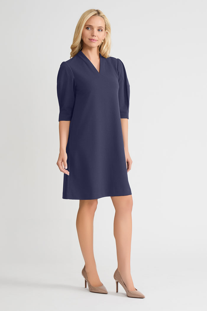 A-Line Stretch Deco Crepe Knee Length Dress, Indigo, Indigo | Ming Wang