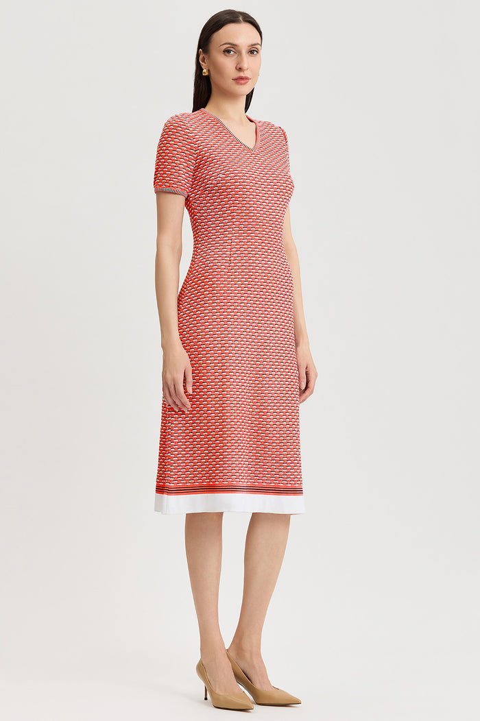 A-Line Textured Multi-Stitch Midi Dress, Sunkist Coral/White/Indigo | Ming Wang