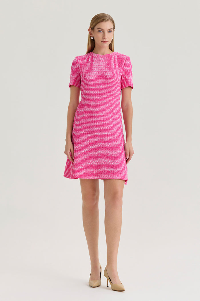 A-Line Tweed Texture Above-The-Knee Dress, Carmine Rose/White | Ming Wang