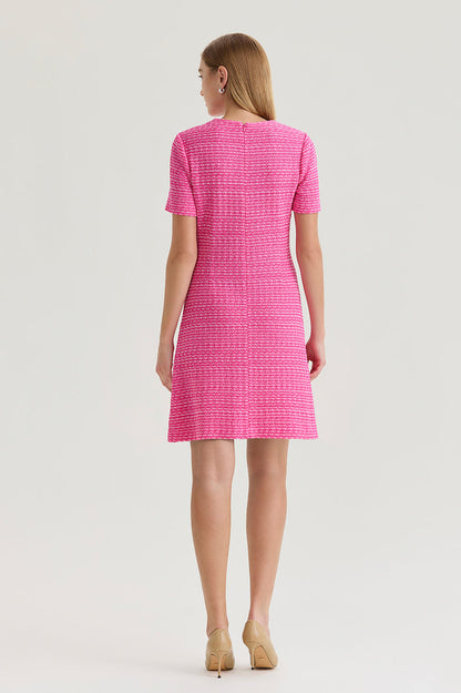 A-Line Tweed Texture Above-The-Knee Dress, Carmine Rose/White | Ming Wang