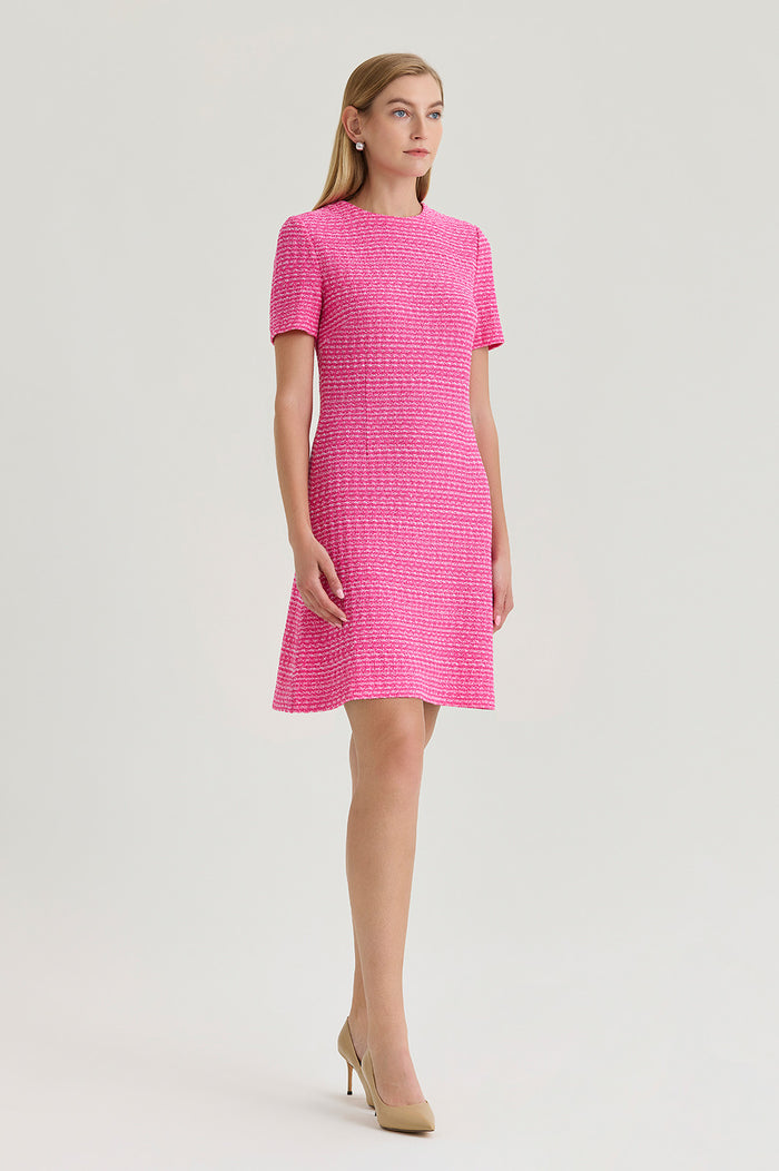 A-Line Tweed Texture Above-The-Knee Dress, Carmine Rose/White | Ming Wang