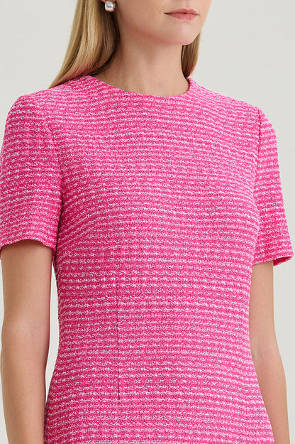 A-Line Tweed Texture Above-The-Knee Dress, Carmine Rose/White | Ming Wang