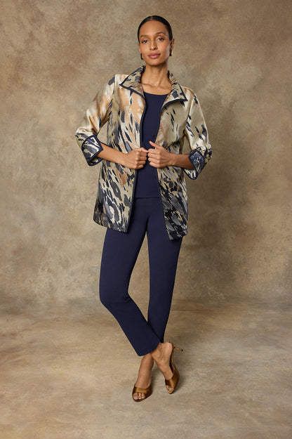 Abstract Animal Print Woven Jacket, Warm Taupe/Indigo/French Almond/Ivory | Ming Wang