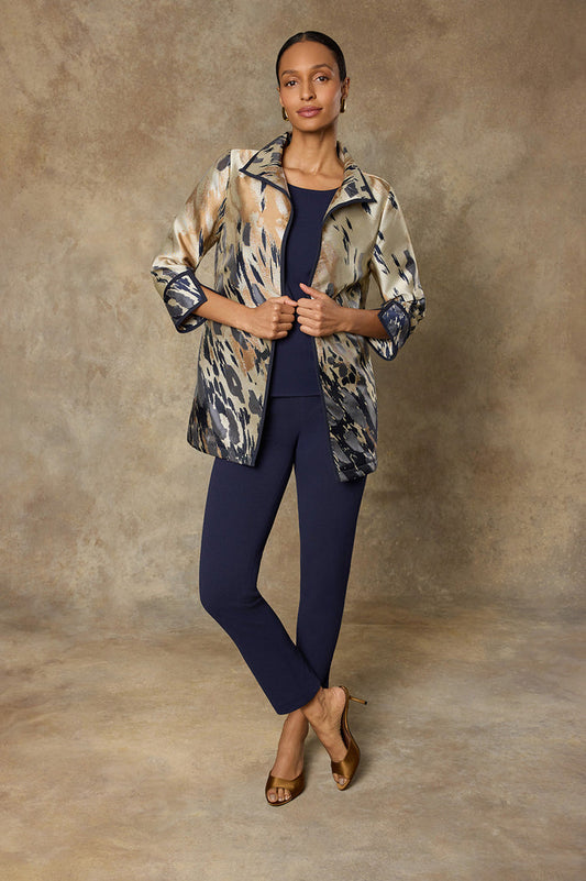 Abstract Animal Print Woven Jacket, Warm Taupe/Indigo/French Almond/Ivory | Ming Wang