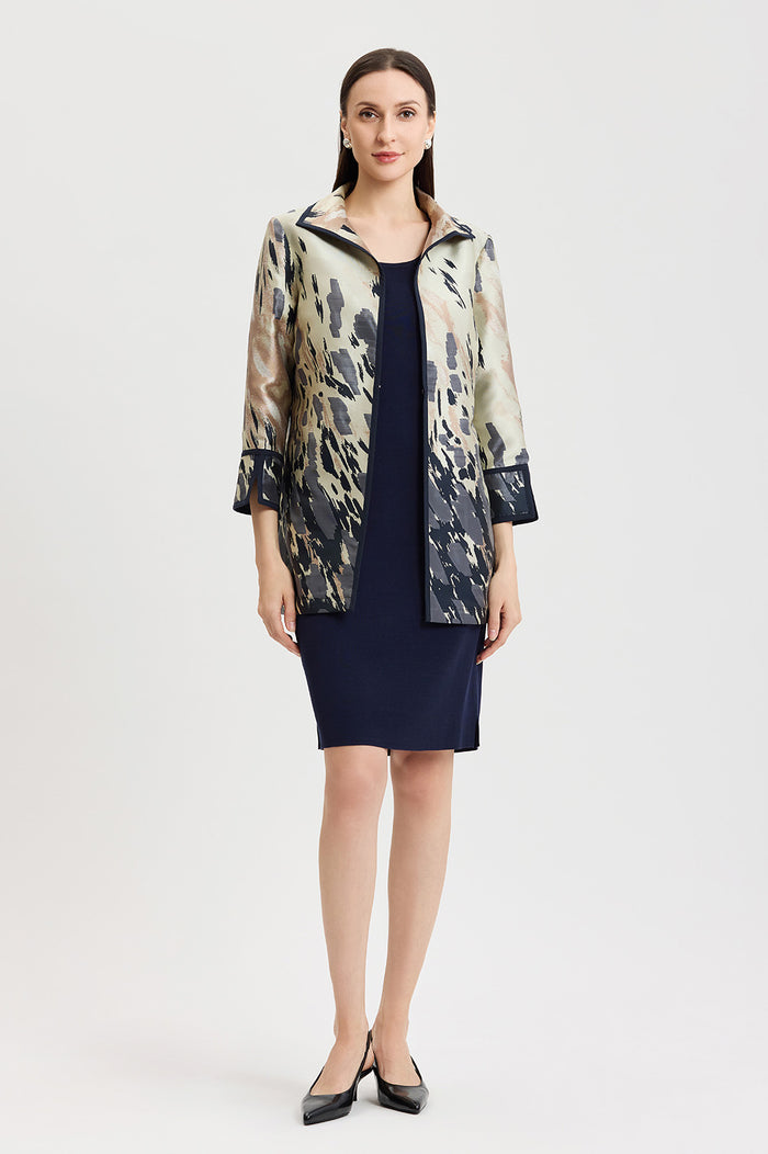 Abstract Animal Print Woven Jacket, Warm Taupe/Indigo/French Almond/Ivory | Ming Wang