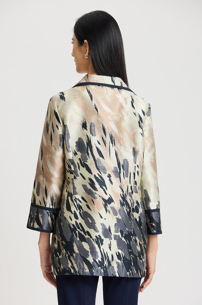 Abstract Animal Print Woven Jacket, Warm Taupe/Indigo/French Almond/Ivory | Ming Wang