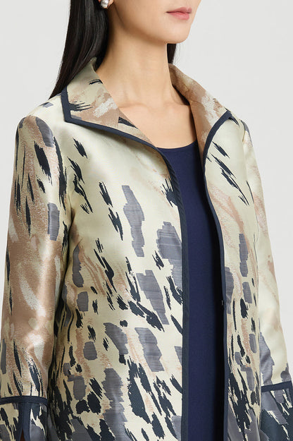 Abstract Animal Print Woven Jacket, Warm Taupe/Indigo/French Almond/Ivory | Ming Wang