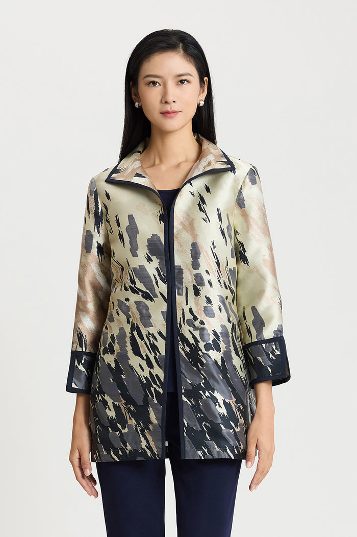 Abstract Animal Print Woven Jacket, Warm Taupe/Indigo/French Almond/Ivory | Ming Wang