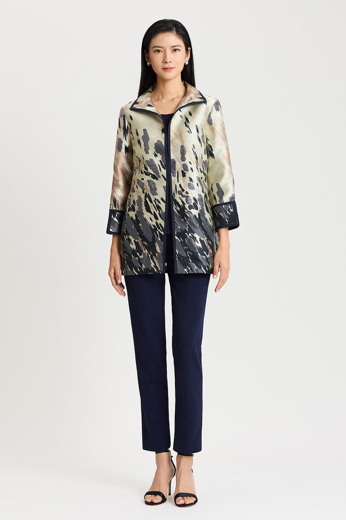 Abstract Animal Print Woven Jacket, Warm Taupe/Indigo/French Almond/Ivory | Ming Wang