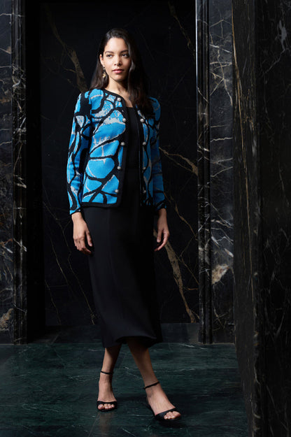 Abstract Jacquard Suede Trim Knit Jacket, Tranquil Blue/Lunar Rock/Black | Ming Wang