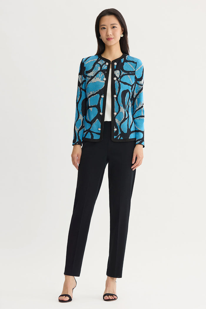 Abstract Jacquard Suede Trim Knit Jacket, Tranquil Blue/Lunar Rock/Black | Ming Wang