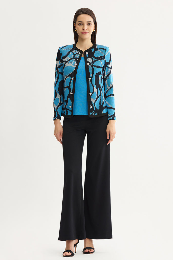 Abstract Jacquard Suede Trim Knit Jacket, Tranquil Blue/Lunar Rock/Black | Ming Wang