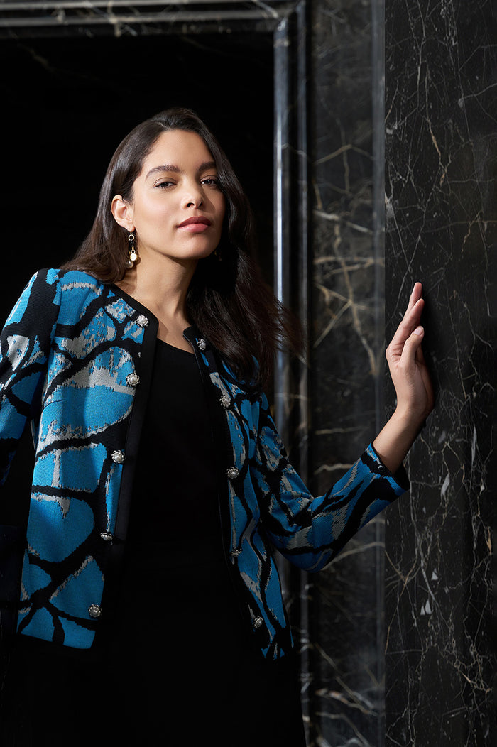 Abstract Jacquard Suede Trim Knit Jacket, Tranquil Blue/Lunar Rock/Black | Ming Wang