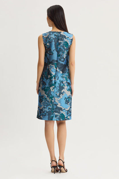 Abstract Jacquard Woven Sheath Knee-Length Dress, Deep Teal/Tranquil Blue/French Almond/Lunar Rock/Black | Ming Wang