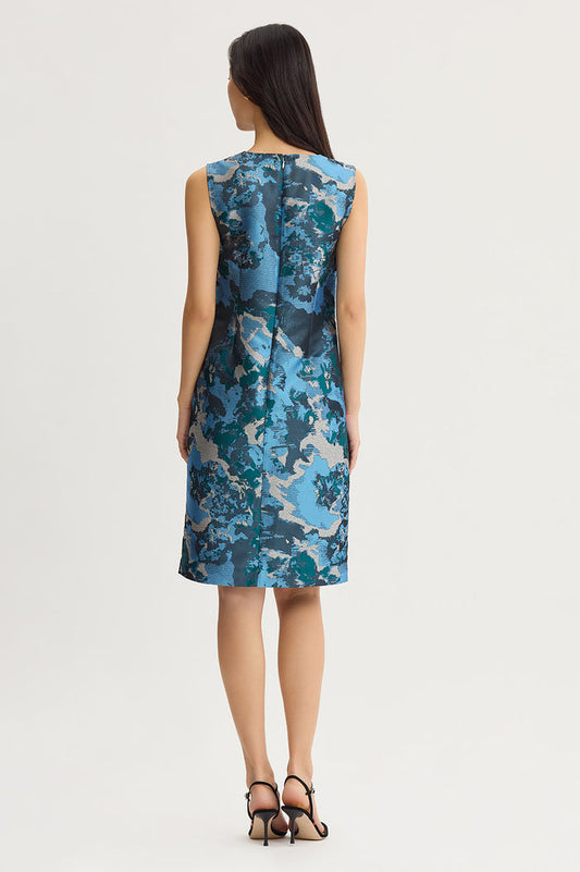 Abstract Jacquard Woven Sheath Knee-Length Dress, Deep Teal/Tranquil Blue/French Almond/Lunar Rock/Black | Ming Wang