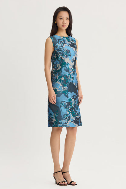 Abstract Jacquard Woven Sheath Knee-Length Dress, Deep Teal/Tranquil Blue/French Almond/Lunar Rock/Black | Ming Wang