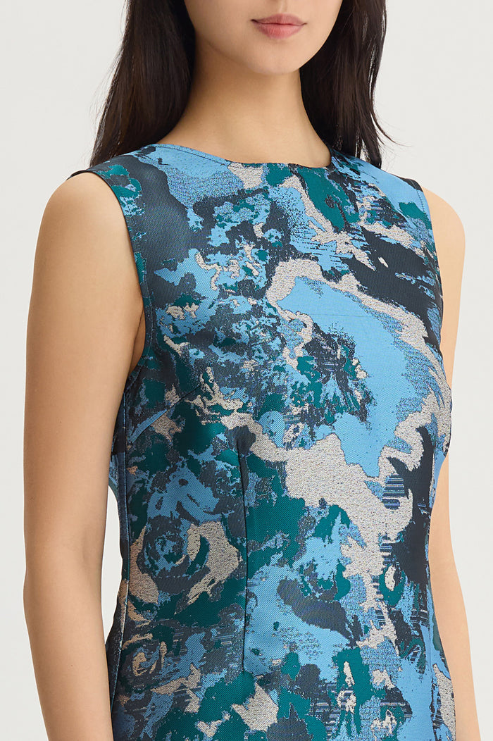 Abstract Jacquard Woven Sheath Knee-Length Dress, Deep Teal/Tranquil Blue/French Almond/Lunar Rock/Black | Ming Wang