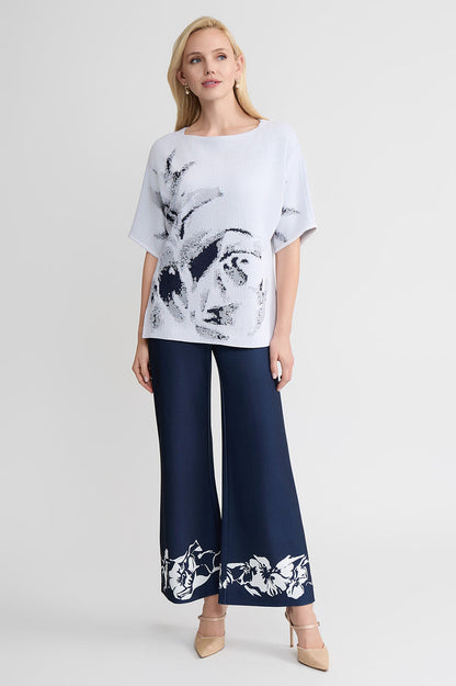 Abstract Print Soft Knit Tunic, White/Indigo | Ming Wang