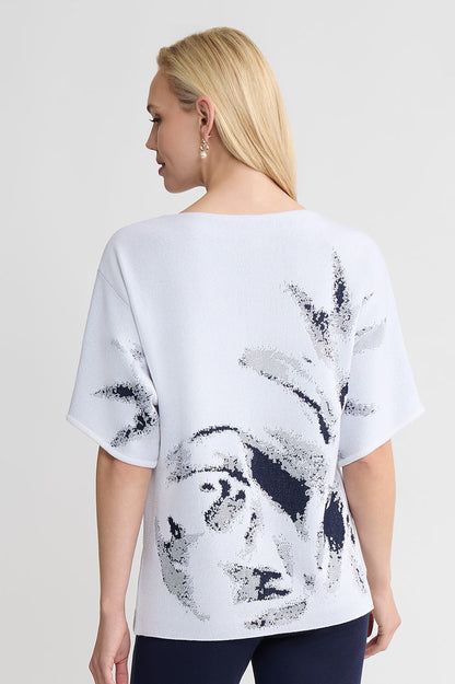 Abstract Print Soft Knit Tunic, White/Indigo | Ming Wang