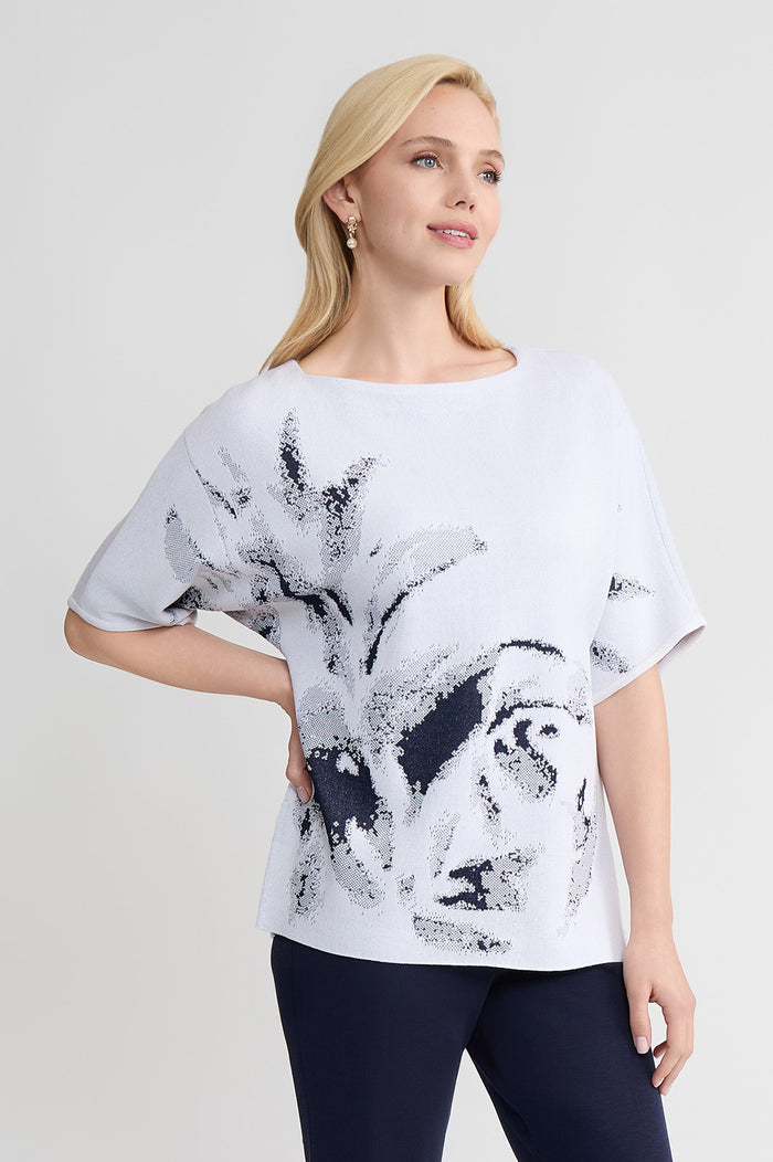 Abstract Print Soft Knit Tunic, White/Indigo | Ming Wang