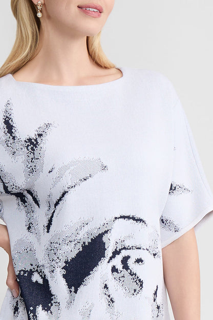 Abstract Print Soft Knit Tunic, White/Indigo | Ming Wang