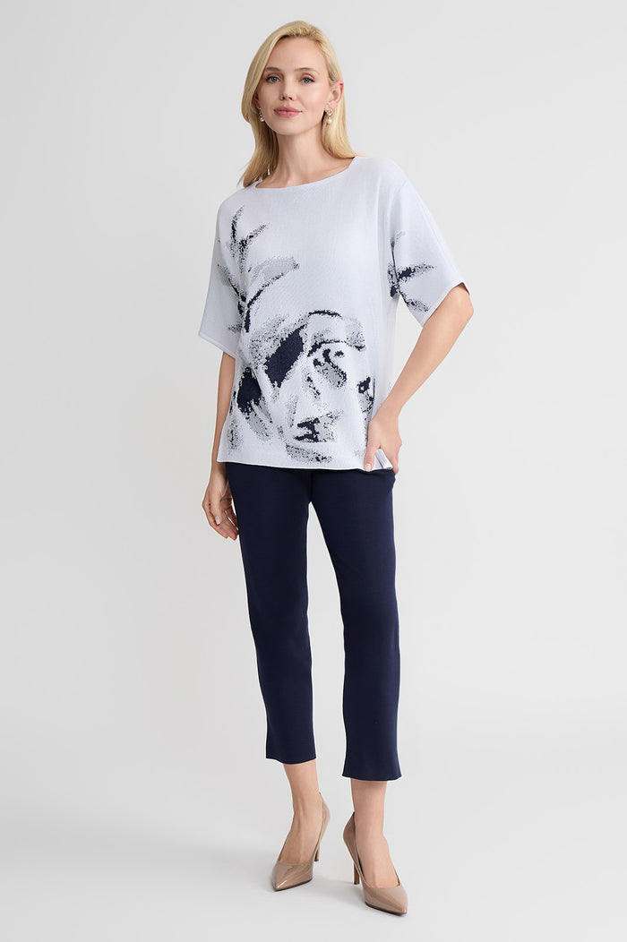 Abstract Print Soft Knit Tunic, White/Indigo | Ming Wang
