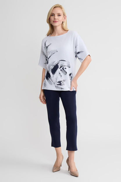 Abstract Print Soft Knit Tunic, White/Indigo | Ming Wang
