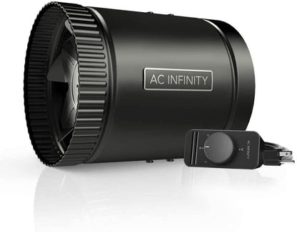 Matte black inline duct fan with AC Infinity logo and wired speed controller with a dial knob.