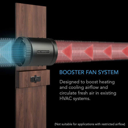 Black AC Infinity duct booster fan mounted on wood, showing airflow with blue and red directional indicators.