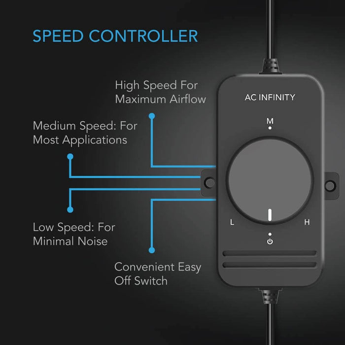 Black AC Infinity speed controller with a circular dial showing low, medium, and high airflow settings and off switch.