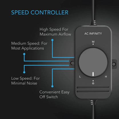 Black AC Infinity speed controller with a circular dial showing low, medium, and high airflow settings and off switch.