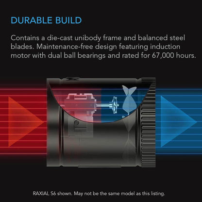 Cutaway view of an inline duct fan showing internal motor, steel blades, and red/blue airflow directional indicators.