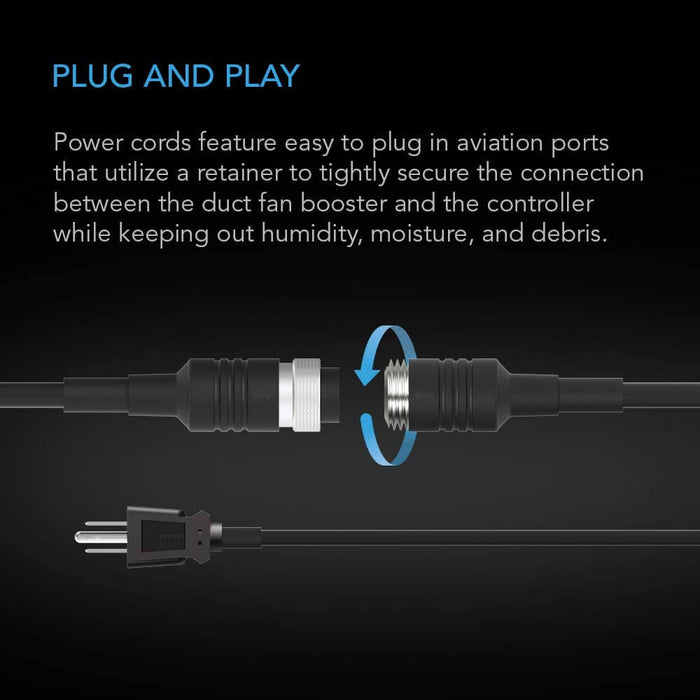 Black cable with a threaded aviation-style plug and locking retainer ring showing a secure connection design.