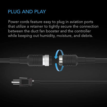 Black cable with a threaded aviation-style plug and locking retainer ring showing a secure connection design.