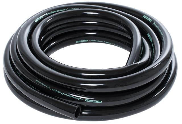 Coiled length of shiny black vinyl irrigation tubing with Hydrofarm brand text printed along the side.