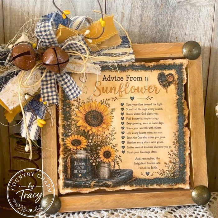 Advice from a Sunflower - 8x8 Wood Canvas Shelf Sitter Primitive Farmhouse Decor | Free Shipping in USA