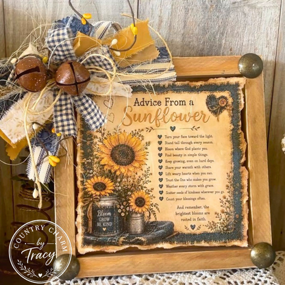 Advice from a Sunflower - 8x8 Wood Canvas Shelf Sitter Primitive Farmhouse Decor | Free Shipping in USA