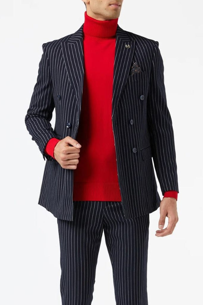 Men's Alfred Navy Double Breasted Pinstripe 5-Piece Suit Bundle