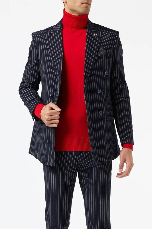 Men's Alfred Navy Double Breasted Pinstripe 5-Piece Suit Bundle
