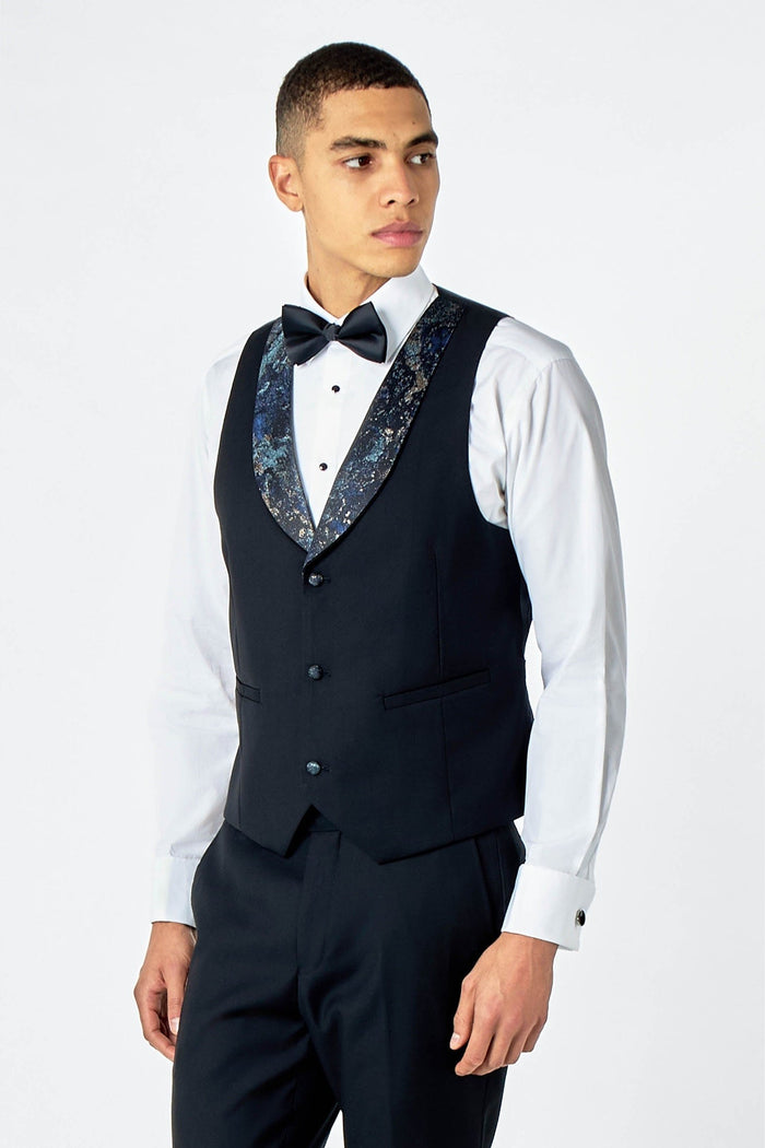 ALINO – BLACK BLUE PRINTED TUXEDO DINNER WAISTCOAT