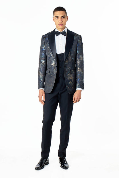 ALINO – BLACK BLUE PRINTED WEDDING TUX 3 PIECE SUIT