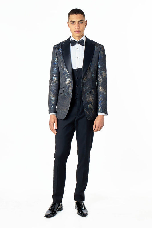 ALINO – BLACK BLUE PRINTED WEDDING TUX 3 PIECE SUIT