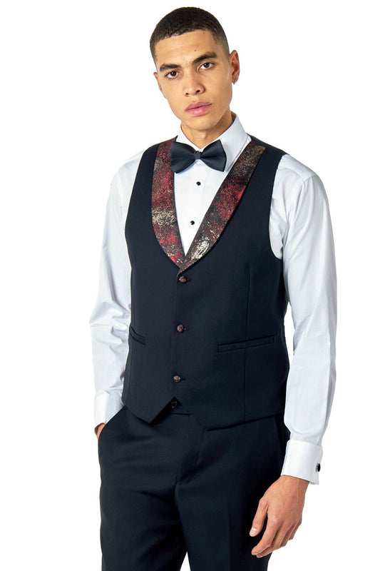 ALINO – BLACK MAROON PRINTED TUXEDO DINNER WAISTCOAT